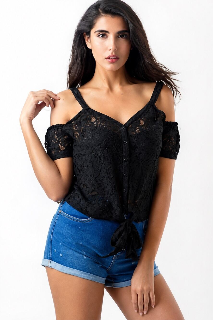 GUESS LEILA Black Lace Off Shoulder Crop Top Blouse Size M